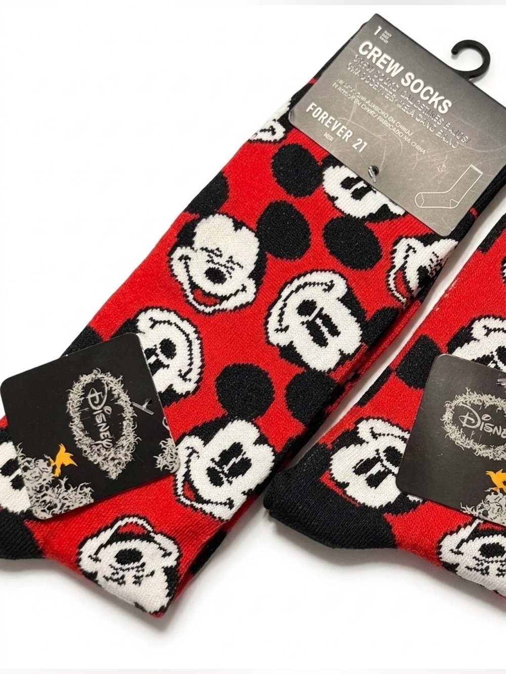 Two Forever 21 Red & Black Mickey Mouse Crew Socks - Men's